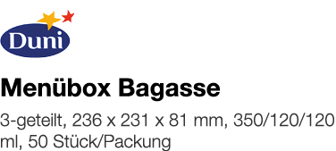   Menübox Bagasse    3-geteilt, 236 x 231 x 81 mm, 350 120 120 ml, 50 Stück Packung 