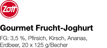   Gourmet Frucht-Joghurt    FG: 3,5 %, Pfirsich, Kirsch, Ananas, Erdbeer, 20 x 125 g Becher 
