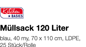   Müllsack 120 Liter    blau, 40 my, 70 x 110 cm, LDPE, 25 Stück Rolle 