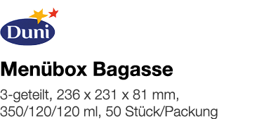   Menübox Bagasse    3-geteilt, 236 x 231 x 81 mm, 350 120 120 ml, 50 Stück Packung 